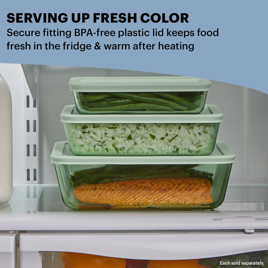 Pyrex® Simply Store® Tinted 11-cup Rectangle Storage with Green Plastic Lid